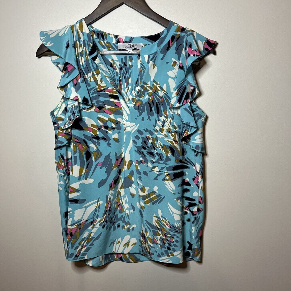 Tibi Silk Sleeveless Blouse Top Aqua Blue Sz‎ 0 Flutter